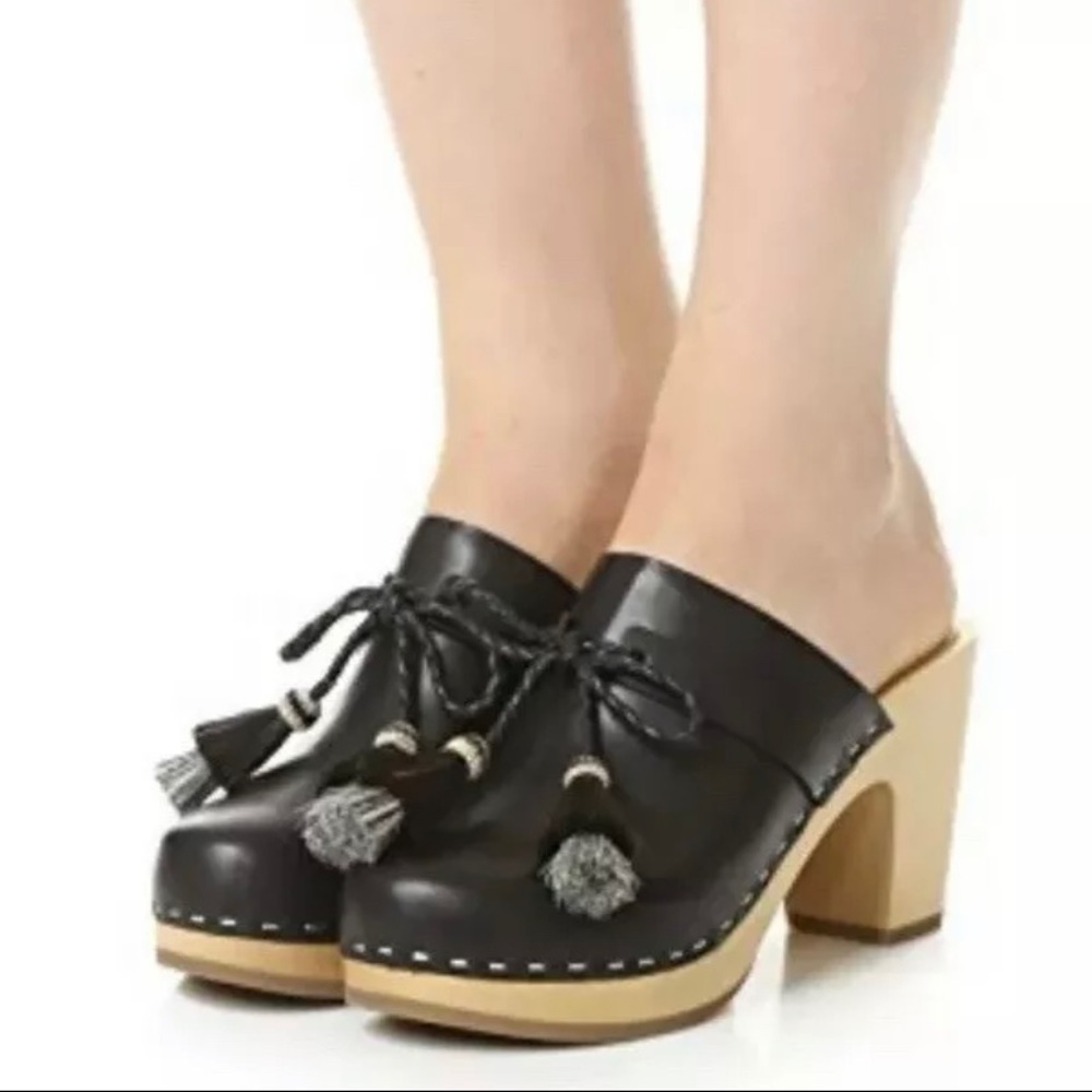 Loeffler Randall Black Leather Clogs with Tassels